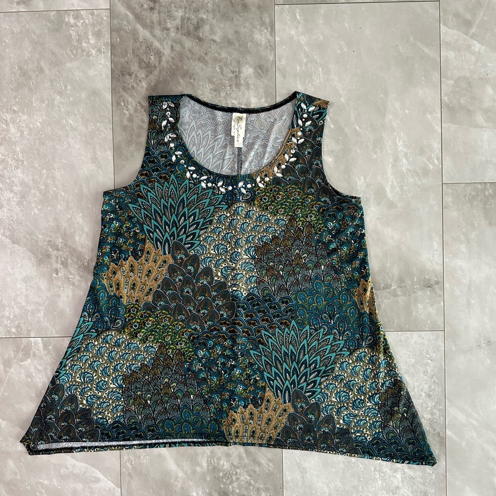 Per Siption Shirt Size M Women's Tunic Geometric Jersey Stretch Boho Summer Bead